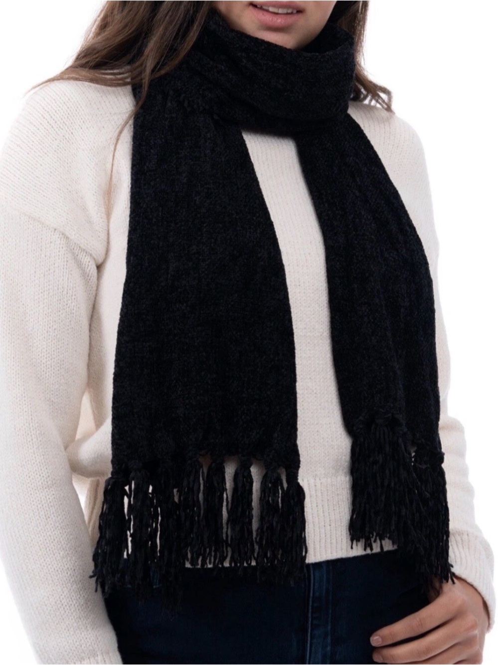 Style & Co Women's Fringe-Trim Chenille Scarf, Black 64"L x 13"W New with tags